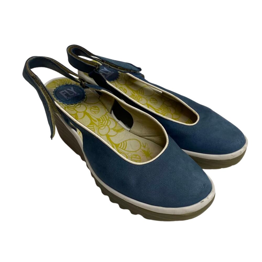 Fly London Women's Yipi Blue n White Wedge Sandal Sz 40 EU 9.5 USA